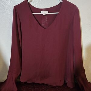 LC Lauren Conrad Burgundy V-Neck Bell Long Sleeves Lace on BackBlouse